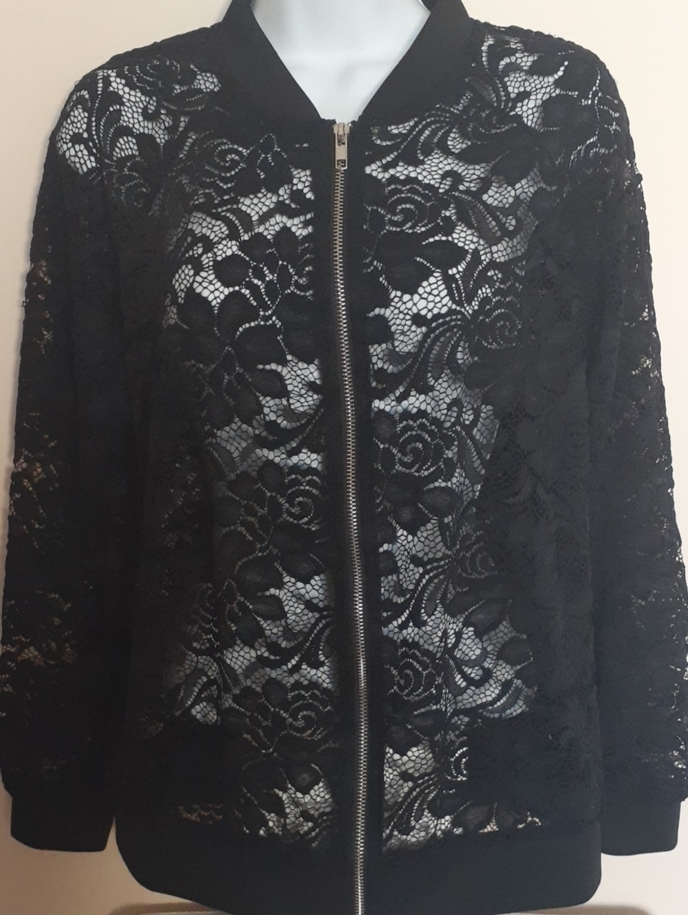 Ardene Black Lace Bomber Jacket with Zip Front - Sz L
